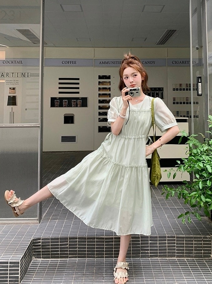Elegant Green Casual French Style High Waist Dress