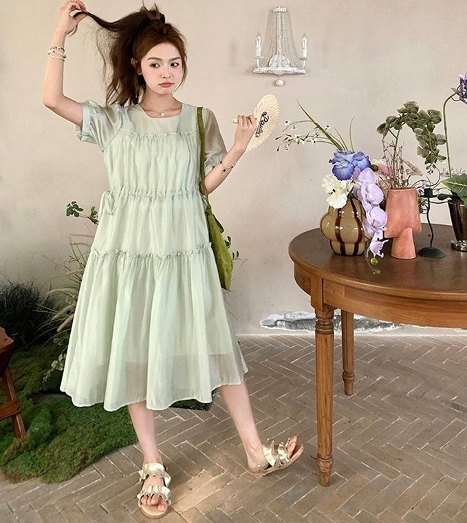 Elegant Green Casual French Style High Waist Dress