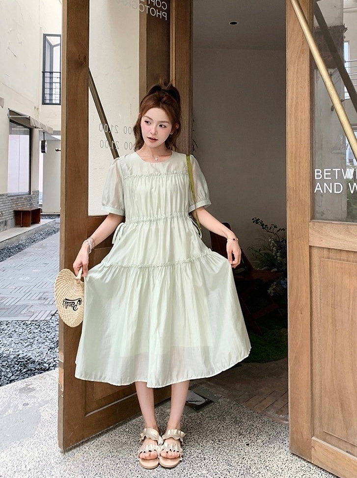 Elegant Green Casual French Style High Waist Dress