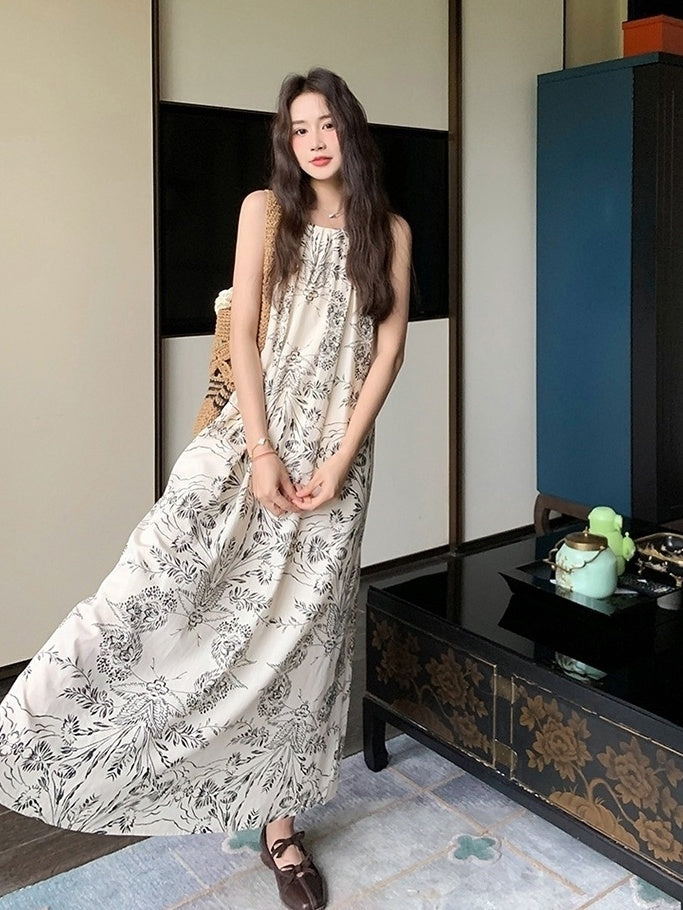 Elegant Ink Print Sleeveless Halter Dress