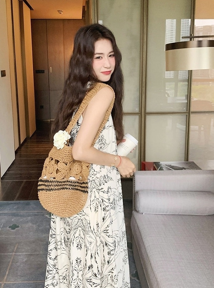 Elegant Ink Print Sleeveless Halter Dress