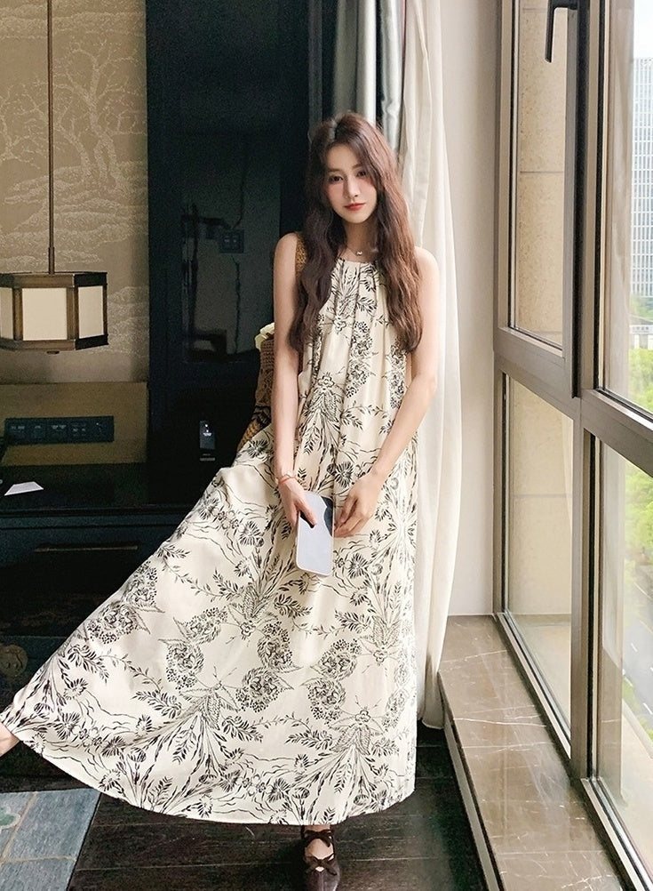 Elegant Ink Print Sleeveless Halter Dress