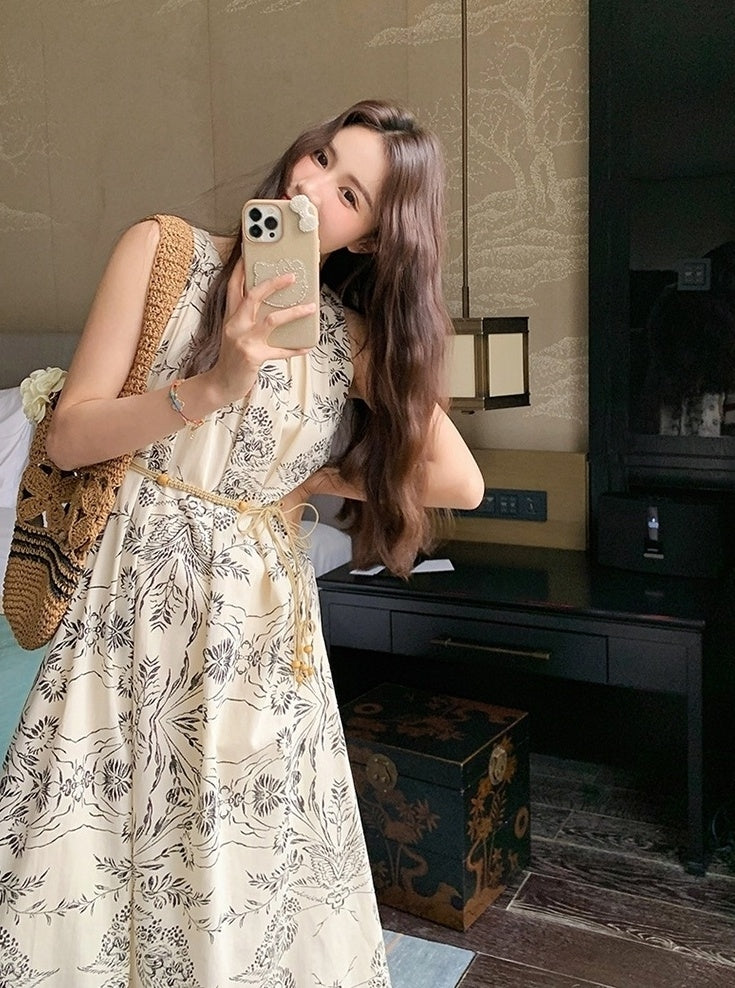 Elegant Ink Print Sleeveless Halter Dress