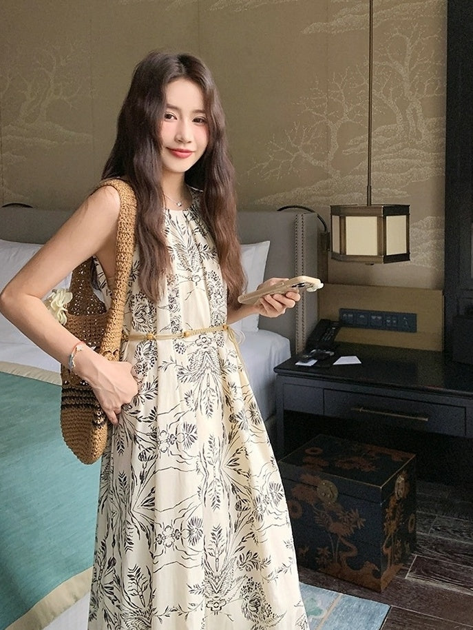 Elegant Ink Print Sleeveless Halter Dress