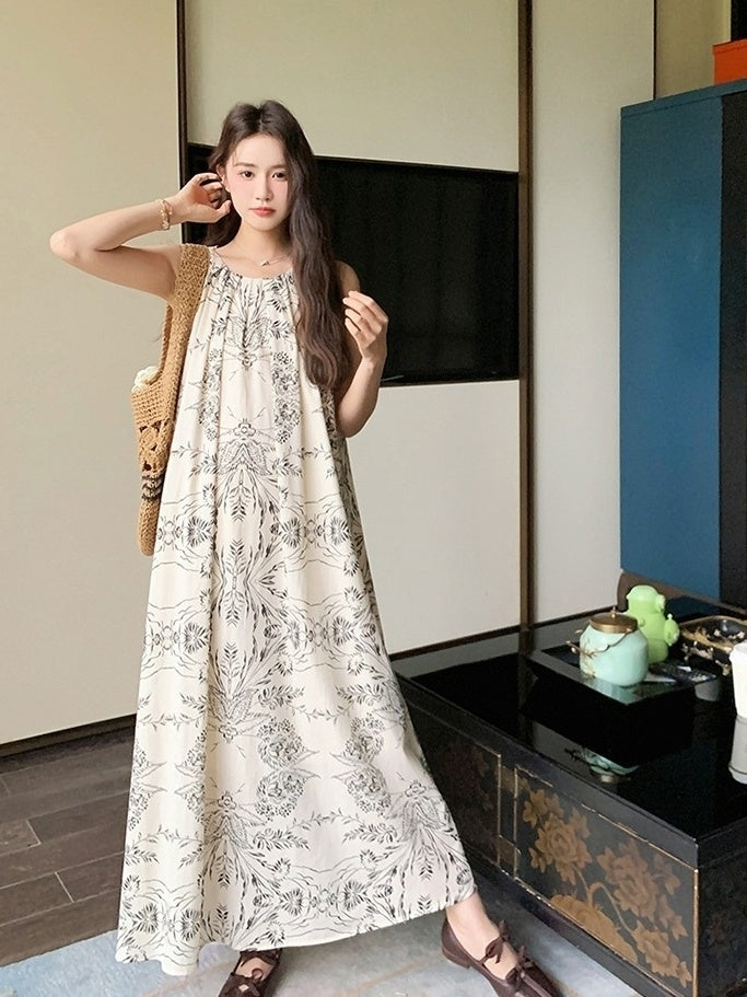 Elegant Ink Print Sleeveless Halter Dress