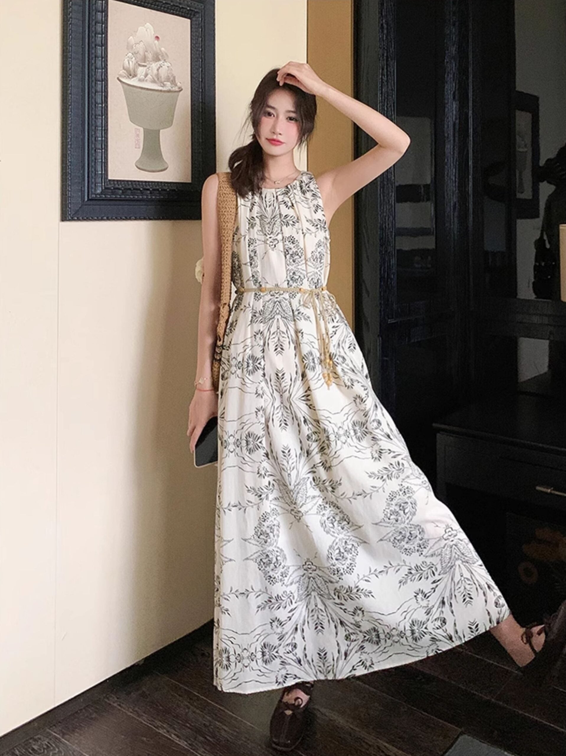 Elegant Ink Print Sleeveless Halter Dress