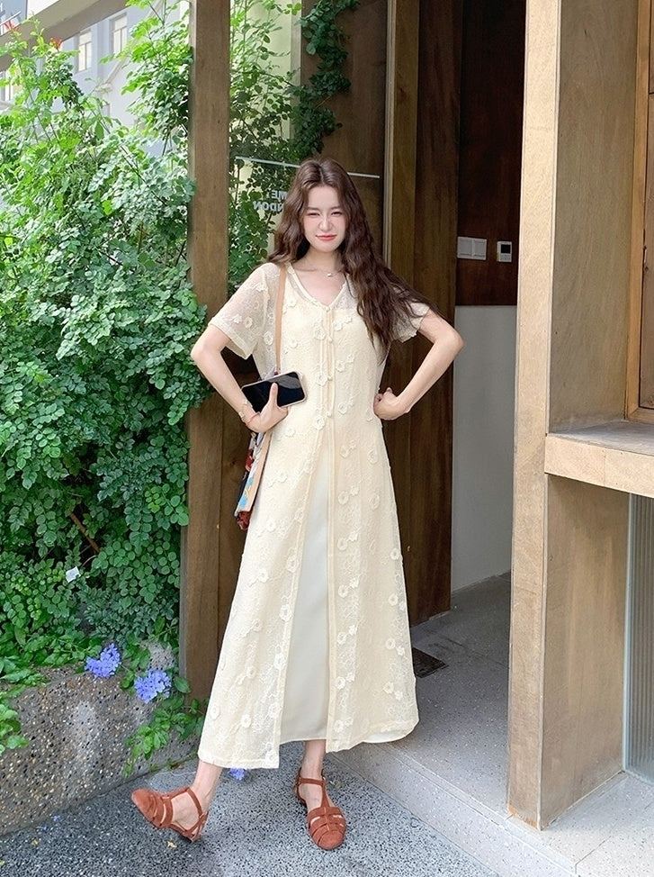 Elegant Lace Cardigan And Dress Set