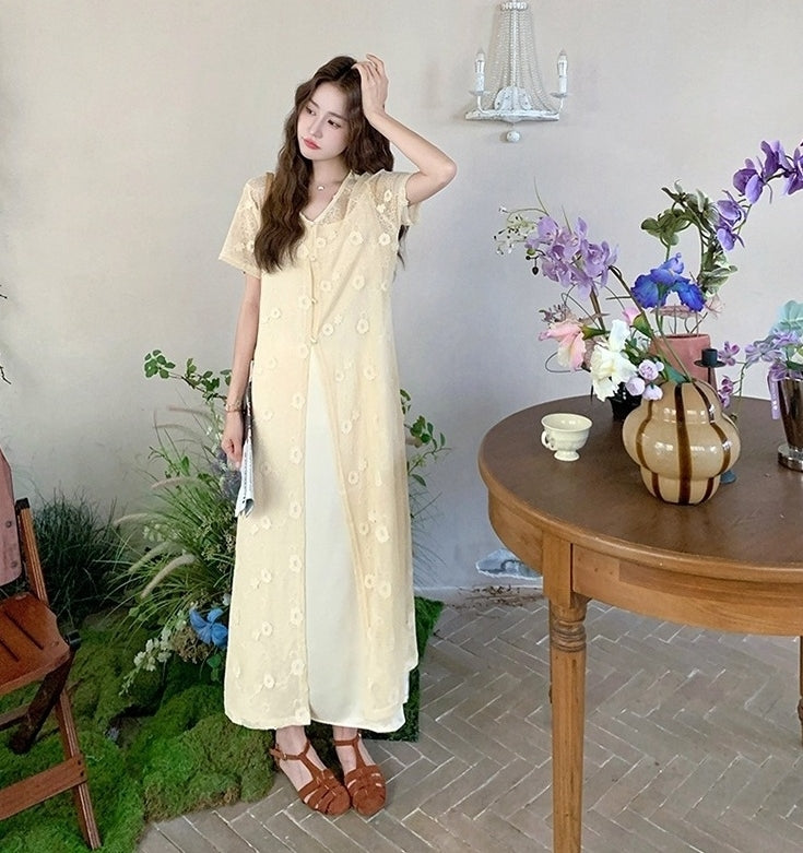 Elegant Lace Cardigan And Dress Set