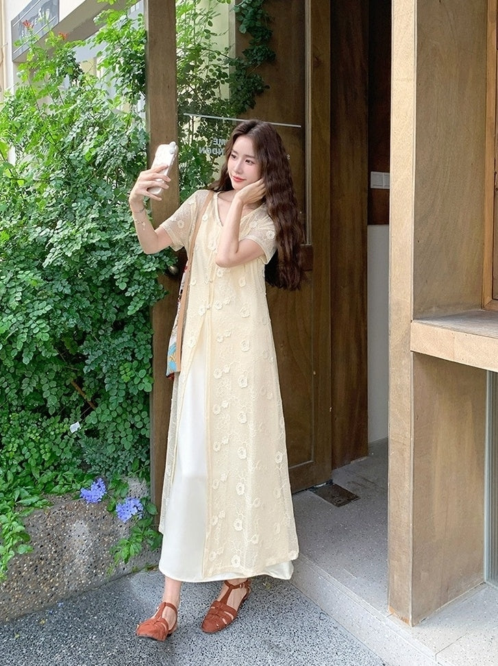 Elegant Lace Cardigan And Dress Set