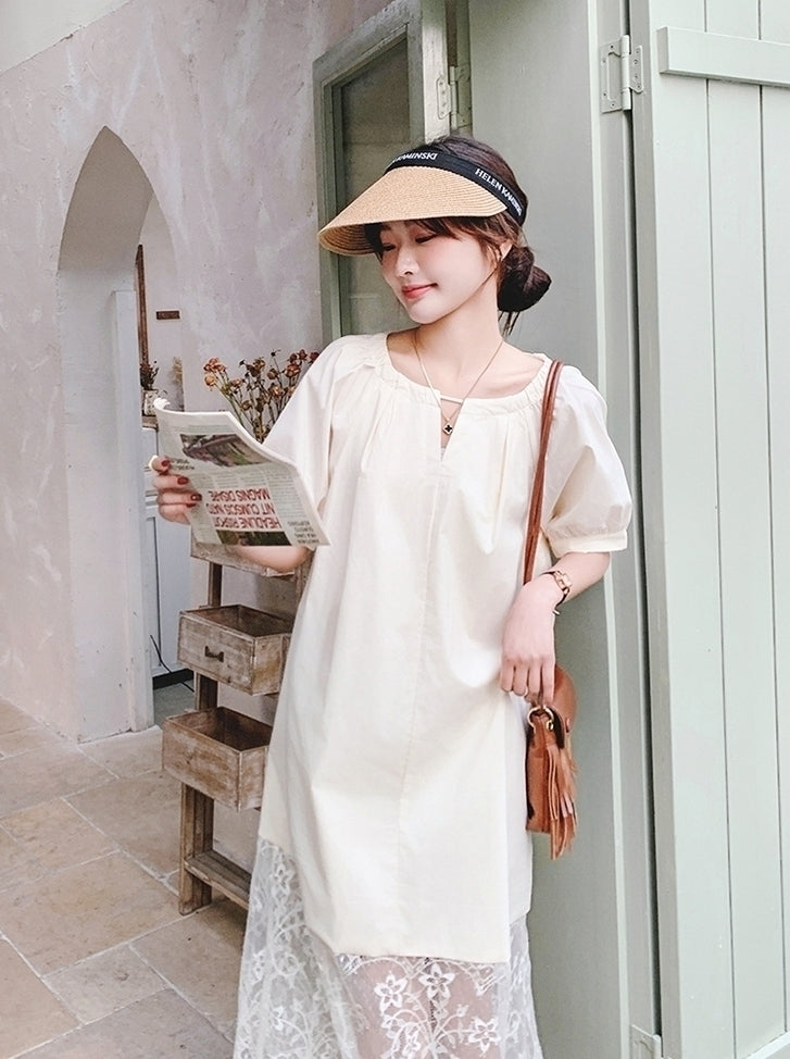 Elegant Lace Patchwork Midi Dress With Puff Sleeves