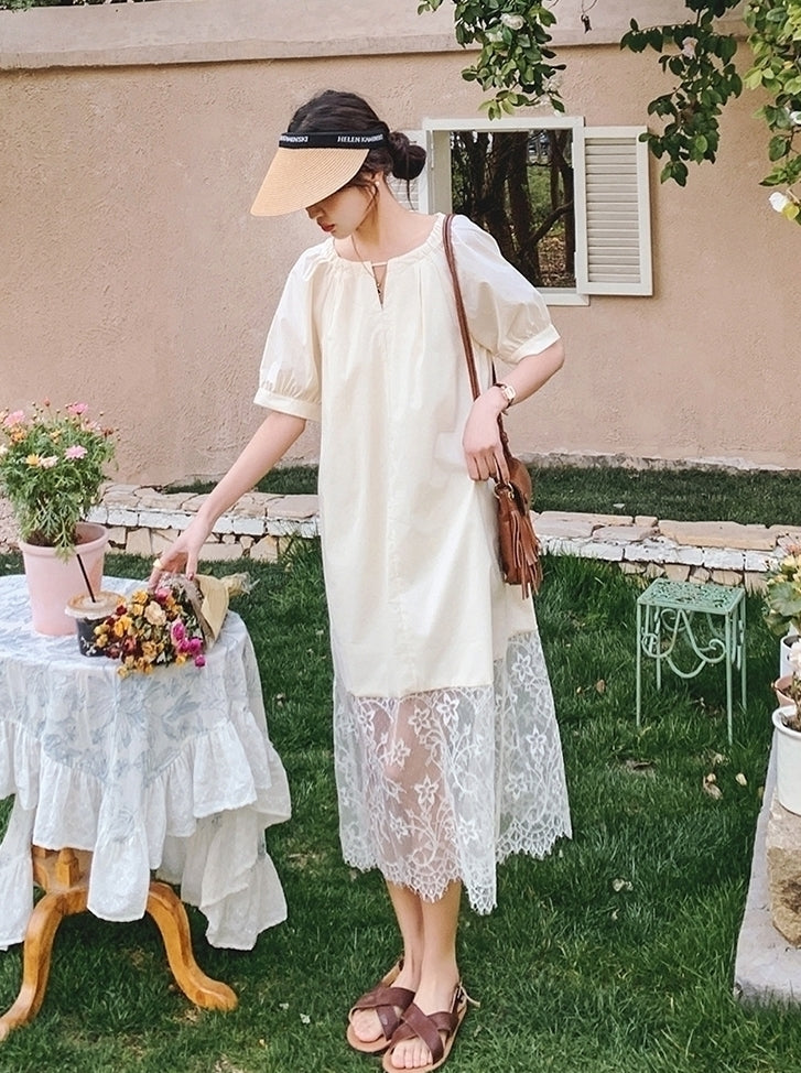 Elegant Lace Patchwork Midi Dress With Puff Sleeves