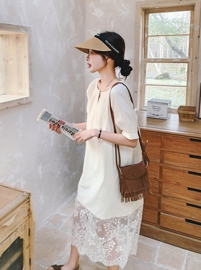 Elegant Lace Patchwork Midi Dress With Puff Sleeves