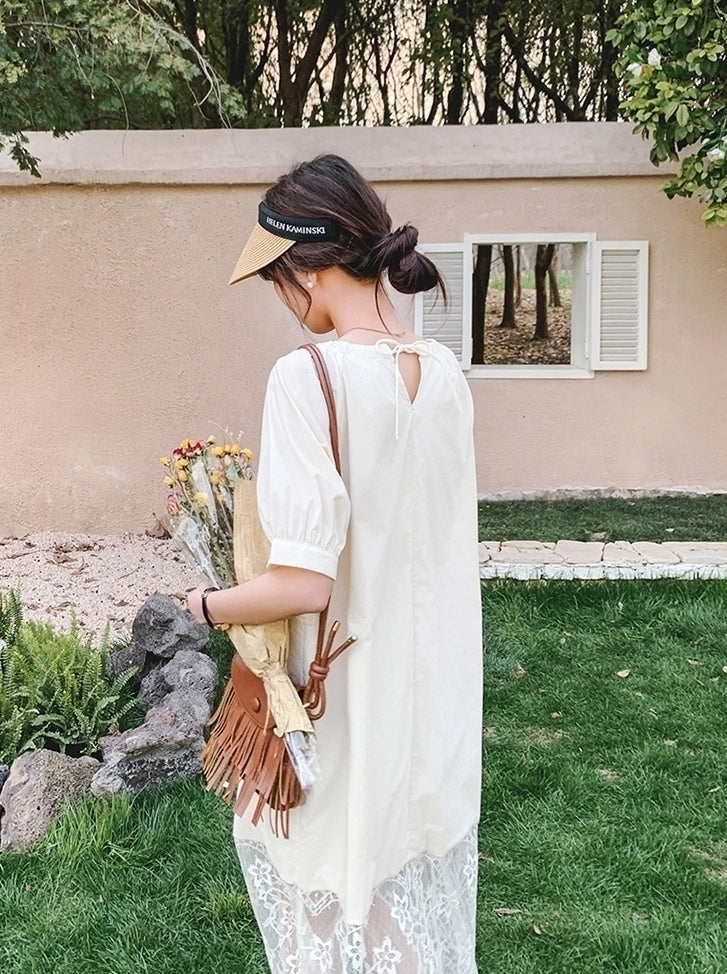 Elegant Lace Patchwork Midi Dress With Puff Sleeves