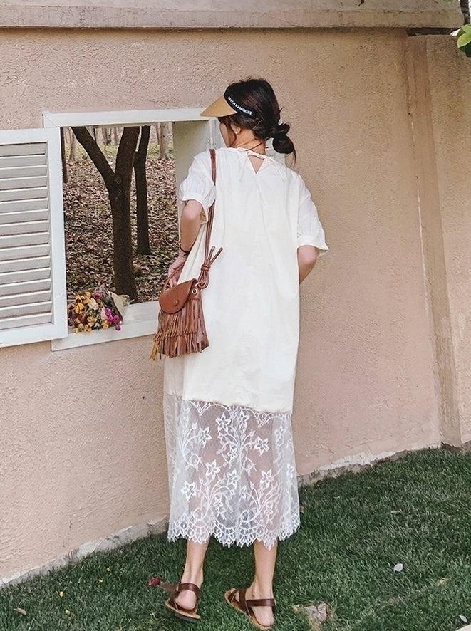 Elegant Lace Patchwork Midi Dress With Puff Sleeves