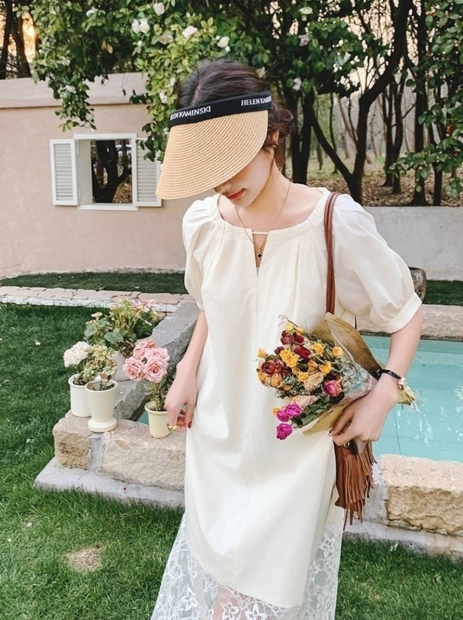 Elegant Lace Patchwork Midi Dress With Puff Sleeves