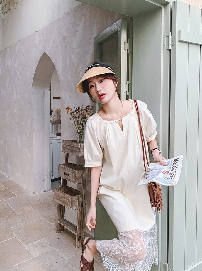 Elegant Lace Patchwork Midi Dress With Puff Sleeves