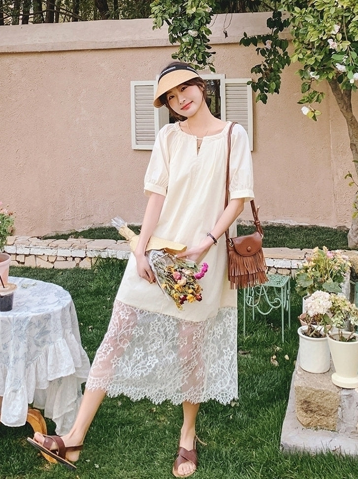 Elegant Lace Patchwork Midi Dress With Puff Sleeves