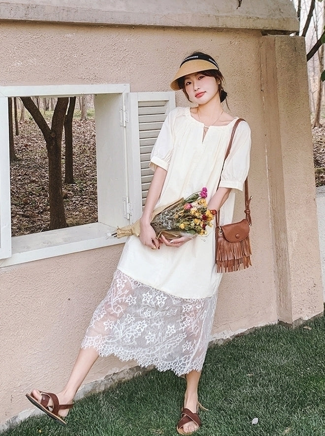 Elegant Lace Patchwork Midi Dress With Puff Sleeves