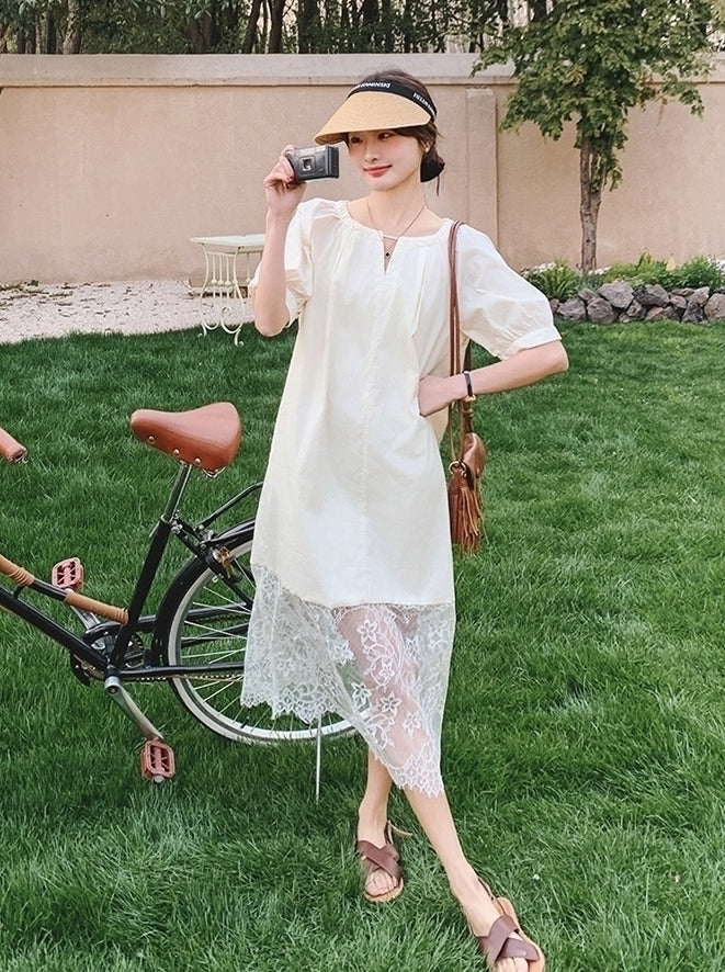 Elegant Lace Patchwork Midi Dress With Puff Sleeves