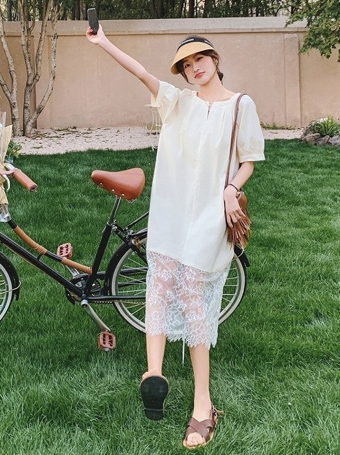 Elegant Lace Patchwork Midi Dress With Puff Sleeves