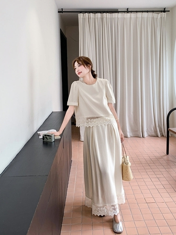 Elegant Lace Patchwork Top And Skirt Set