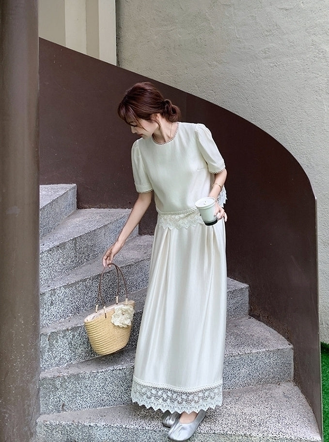 Elegant Lace Patchwork Top And Skirt Set