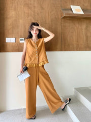 Elegant Lace Trim Vest And Wide Leg Pants Set