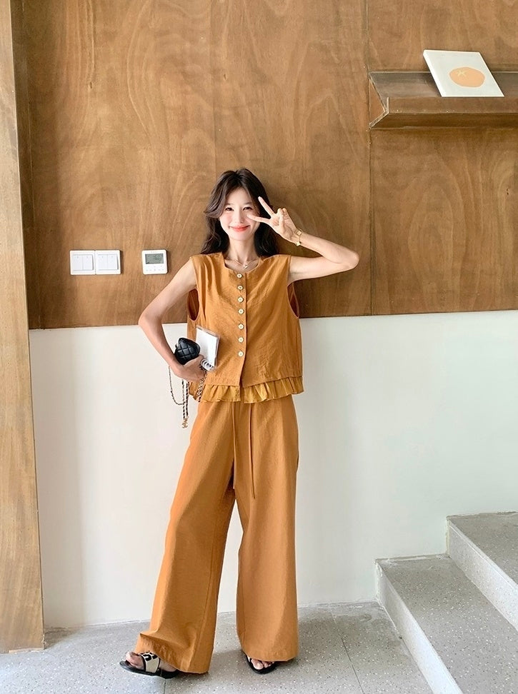 Elegant Lace Trim Vest And Wide Leg Pants Set