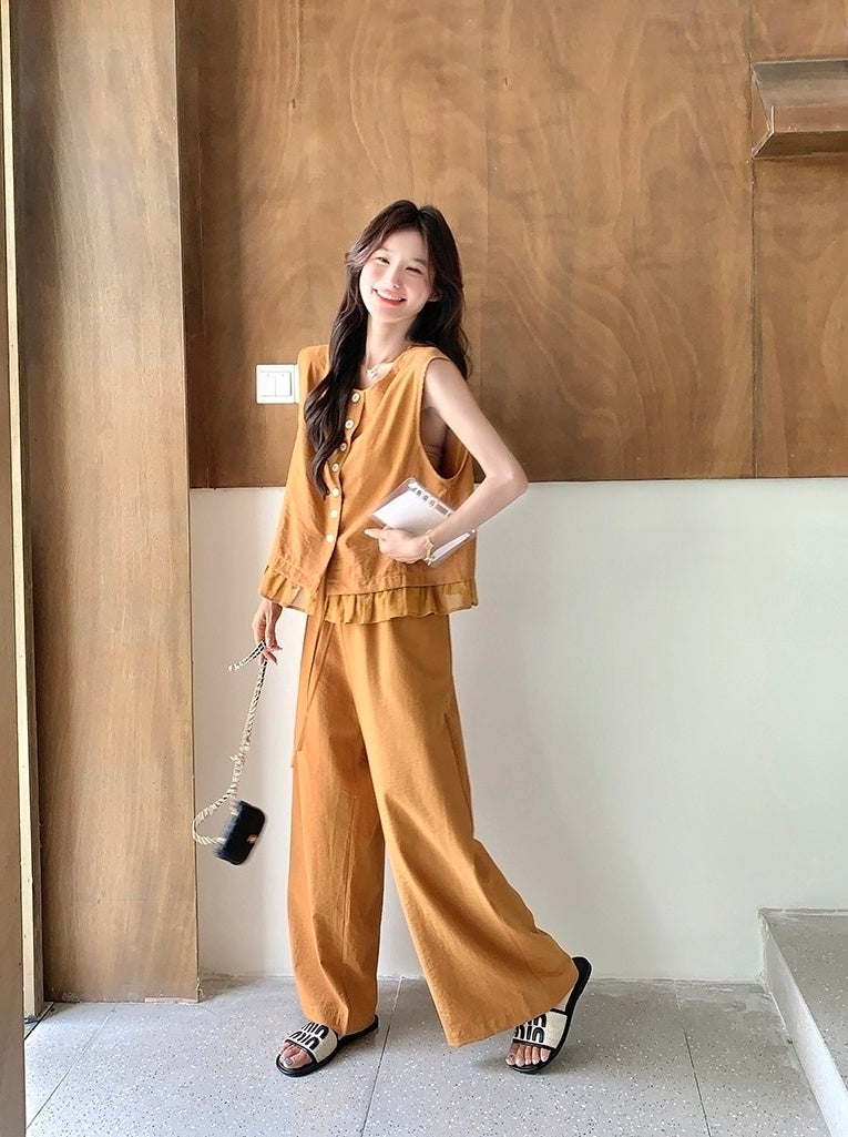 Elegant Lace Trim Vest And Wide Leg Pants Set