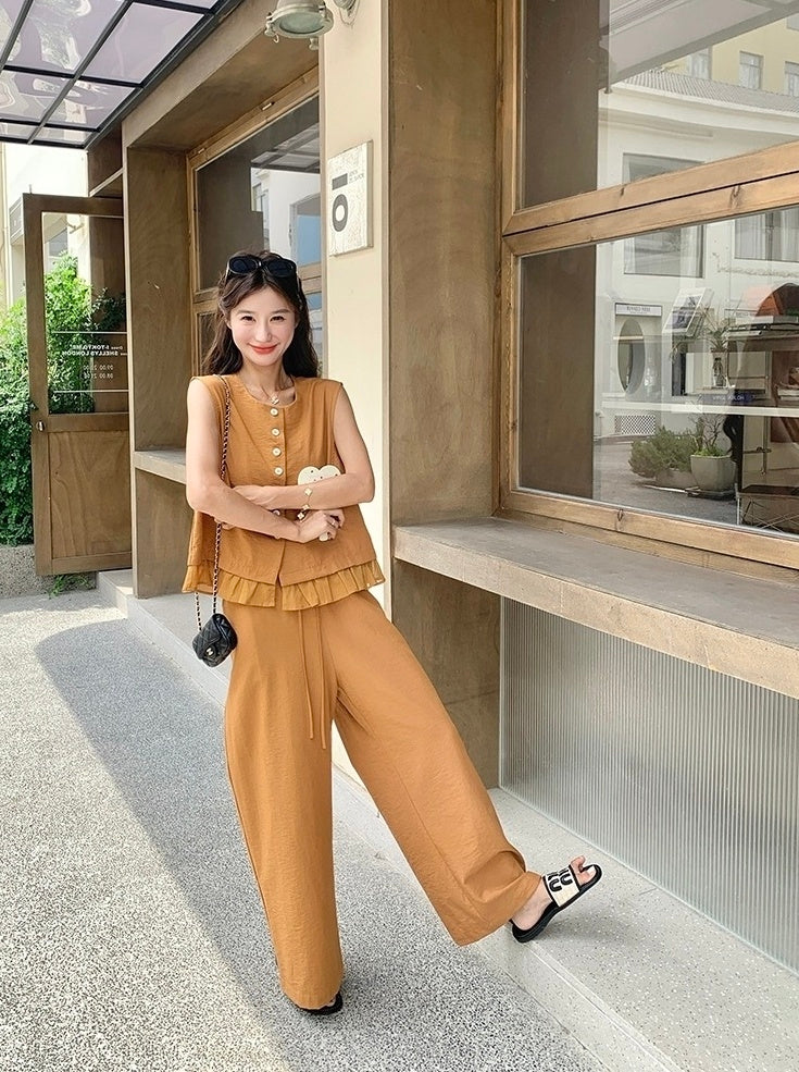 Elegant Lace Trim Vest And Wide Leg Pants Set