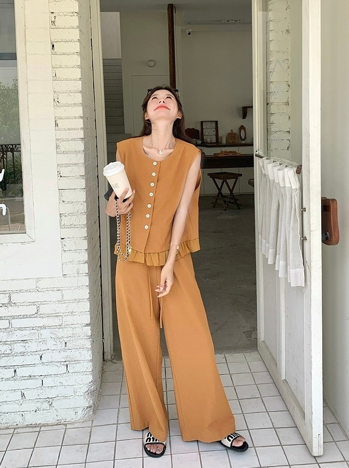 Elegant Lace Trim Vest And Wide Leg Pants Set