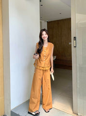Elegant Lace Trim Vest And Wide Leg Pants Set