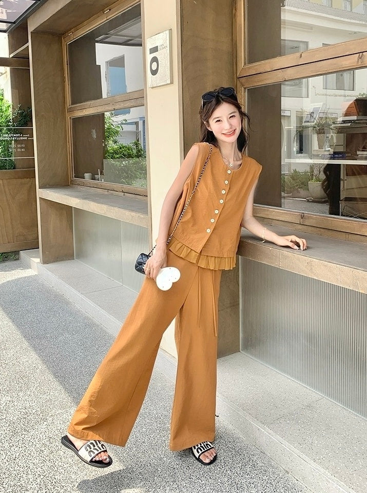 Elegant Lace Trim Vest And Wide Leg Pants Set