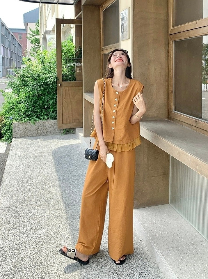 Elegant Lace Trim Vest And Wide Leg Pants Set