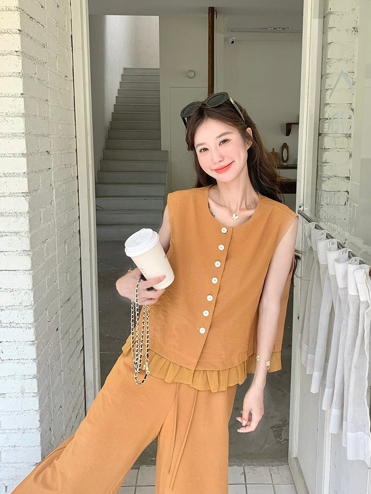 Elegant Lace Trim Vest And Wide Leg Pants Set