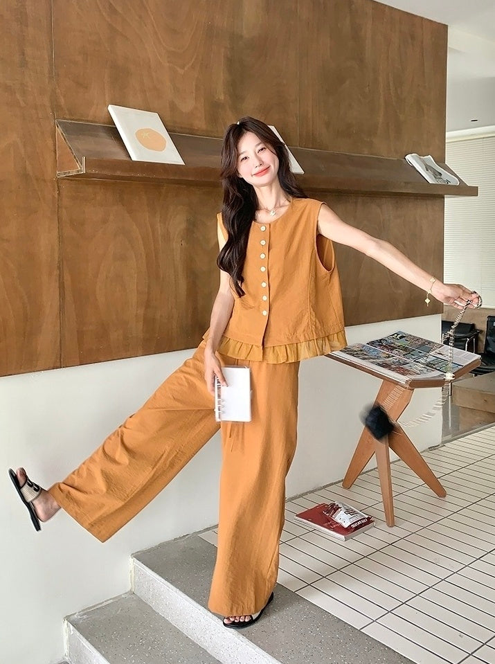 Elegant Lace Trim Vest And Wide Leg Pants Set