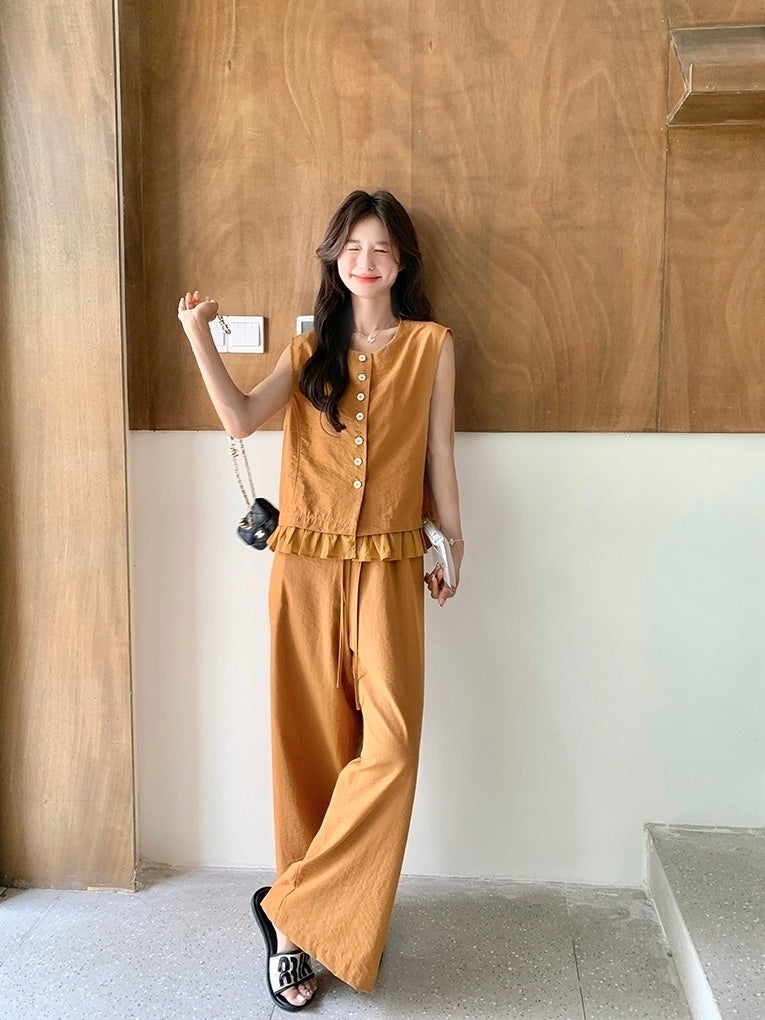 Elegant Lace Trim Vest And Wide Leg Pants Set