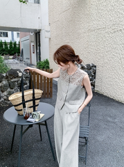 Elegant Lace Vest And Wide Leg Pants Set