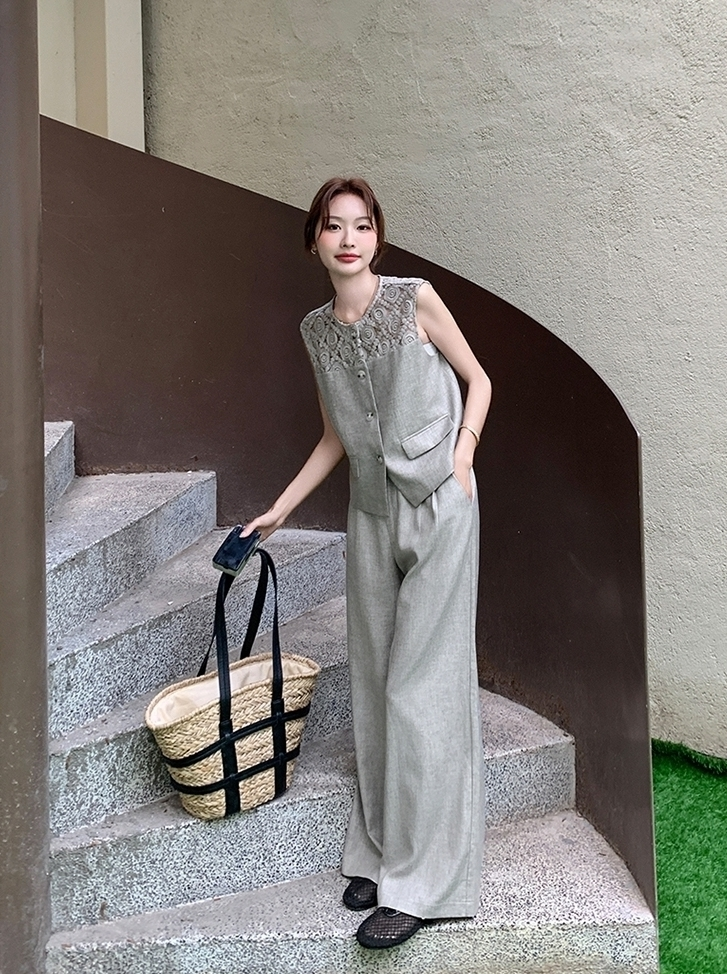Elegant Lace Vest And Wide Leg Pants Set
