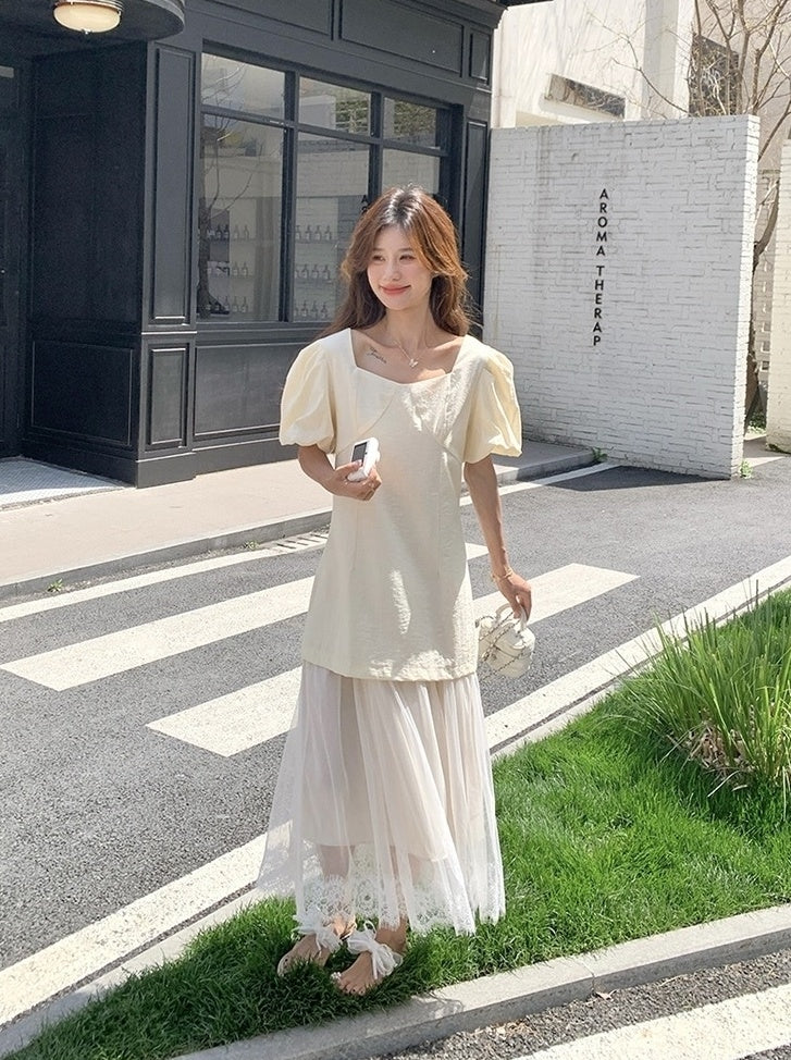 Elegant Layered Mesh Puff Sleeve Maxi Dress