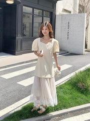 Elegant Layered Mesh Puff Sleeve Maxi Dress