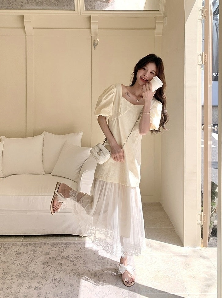 Elegant Layered Mesh Puff Sleeve Maxi Dress
