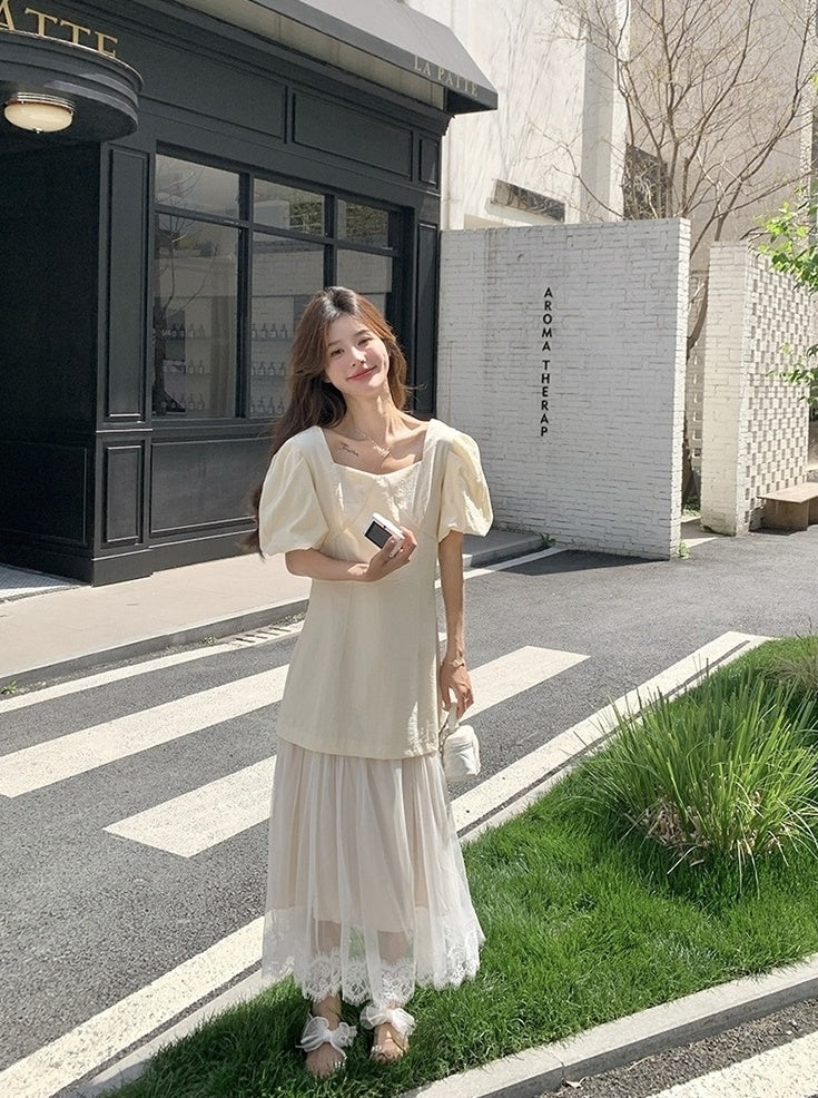 Elegant Layered Mesh Puff Sleeve Maxi Dress