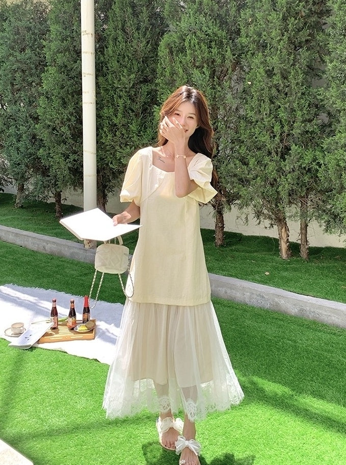 Elegant Layered Mesh Puff Sleeve Maxi Dress