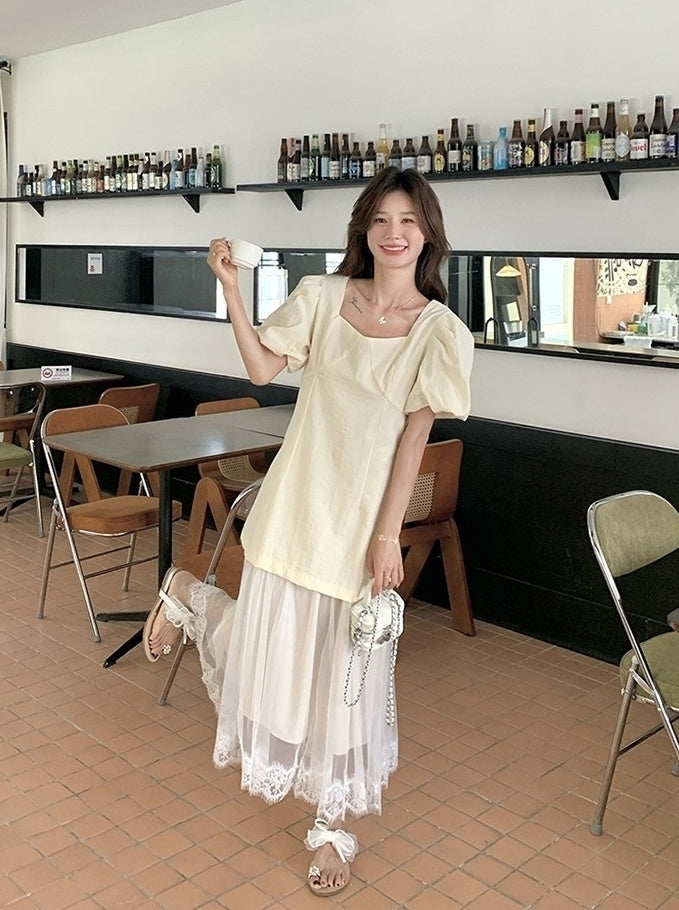 Elegant Layered Mesh Puff Sleeve Maxi Dress