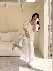 Elegant Layered Mesh Puff Sleeve Maxi Dress