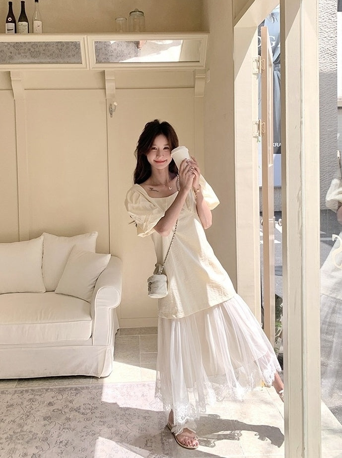 Elegant Layered Mesh Puff Sleeve Maxi Dress
