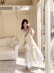 Elegant Layered Mesh Puff Sleeve Maxi Dress