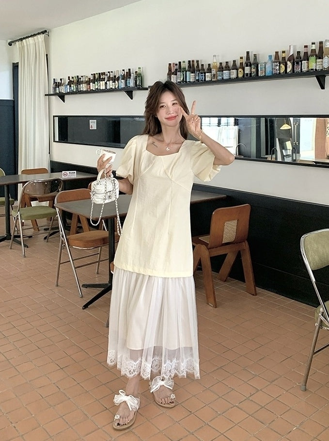 Elegant Layered Mesh Puff Sleeve Maxi Dress