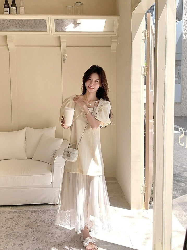 Elegant Layered Mesh Puff Sleeve Maxi Dress